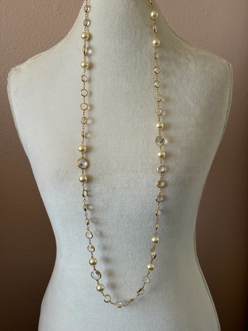 Vintage Gold Tone Station Necklace - Faux Pearl & Bezel Set Crystal Long Opera